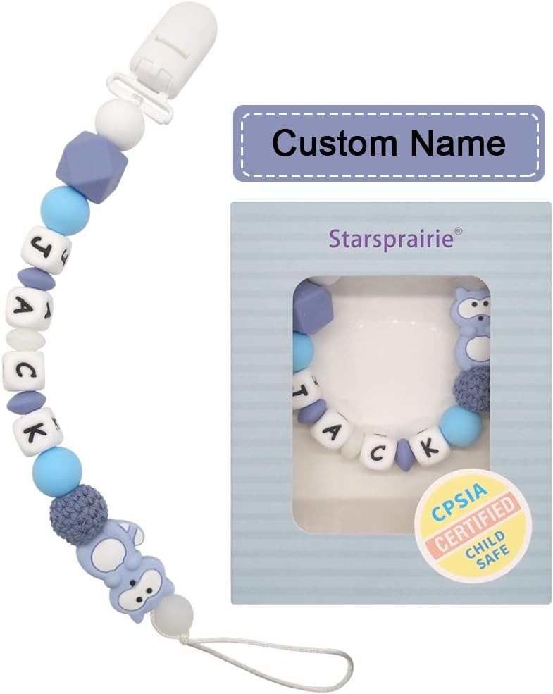 Personalized Pacifier Clip with Name Baby Teething Toys Custom Name Pacifier Holder BPA Free Silicone Beads Binky Holder for Boy Girl, Soothie,Mam, Shower Gift Raccoon (Blue)