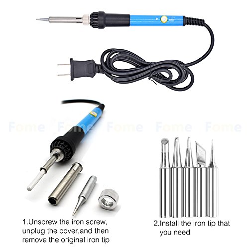 Soldering Iron Kit, FOME 60W 110V Adjustable Temperature Electric Soldering Iron Kit with Welding Tool and Accessories Tweezers Iron Tips Double-sided Solder Assist Tools and PU Carrying Bag