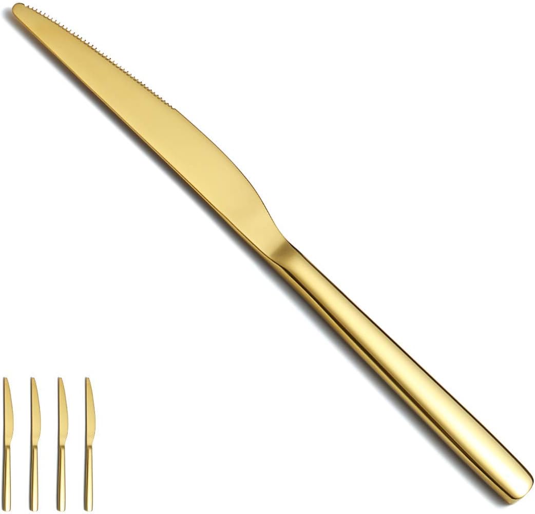 | Gold Dinner Knives 4 Pieces, Homquen Sturdy 9.25" Stainless Steel Modern Design Knife, Knifes Set With Round Edge Dishwasher Safe: Flatware Sets