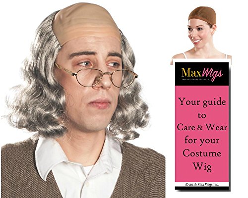 Ben Franklin Color Mixed Grey - Enigma Wigs Bald Cap Founding Father Inventor Bundle w/Cap, MaxWigs Costume Wig Care Guide