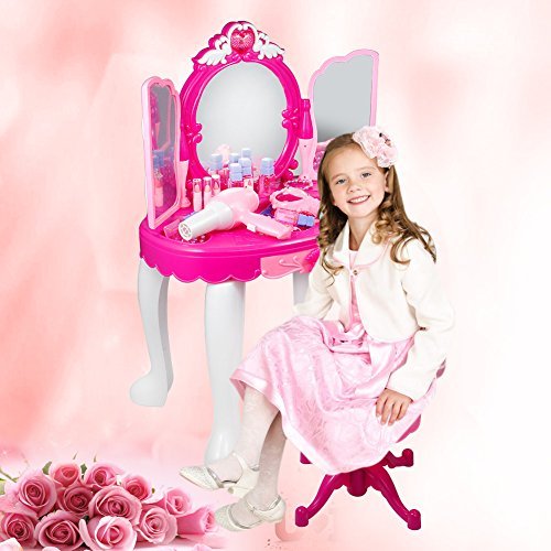 Yosoo Girls Dressing Make Up Table Kids Toy Vanities Mirror Pretend Makeup Vanity Table Set