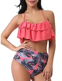 OGNEE Traje de baño de dos piezas para dama con volantes y cintura alta