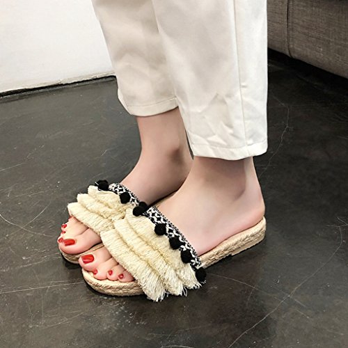 Giles Jones Wedges Flip Flops Flat Sandals for Women,Boho Tassel Pompom Slip On Beach Slippers Shoes