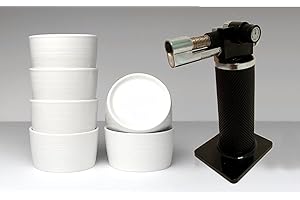 M. Gastro Kitchens 7 Piece Set 4 Ounce Ramekins, Creme Brulee, Souffle, Custards (4 oz, Off-white w/Torch)