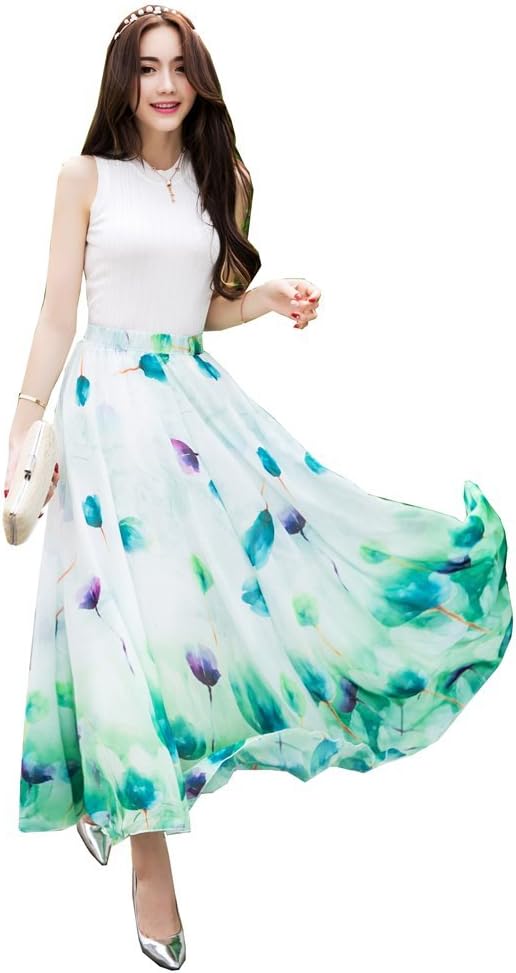 Izacu Flocc Womens Blending Chiffon Retro Long Maxi Skirt Vintage Dress2025
