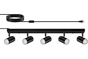 AUQUEE 5 Light Track Lighting Kit,Black 5 Way Modern Plug in Ceiling Spotlight,Industrial LED Wall Light for Kitchen Cabinet Gallery Bar Hallway Living Room,Rocker Switch,15 Foot Cord(No Bulb)