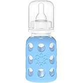 Lifefactory 4-Oz Glass Baby Bottle with Protective Silicone Sleeve and Stage 1 Nipple Sky Blue