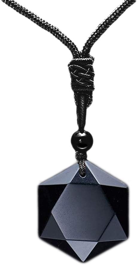 MENGLINA Black Obsidian Hexagram Natural Stone Necklace Translucent Ice Obsidian Wolf Tooth Amulet His and Hers Couples Necklace Lucky Love Pendant Necklace for Men Women