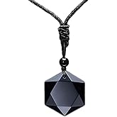 MENGLINA Black Obsidian Hexagram Natural Stone Necklace Translucent Ice Obsidian Wolf Tooth Amulet His and Hers Couples Necklace Lucky Love Pendant Necklace for Men Women