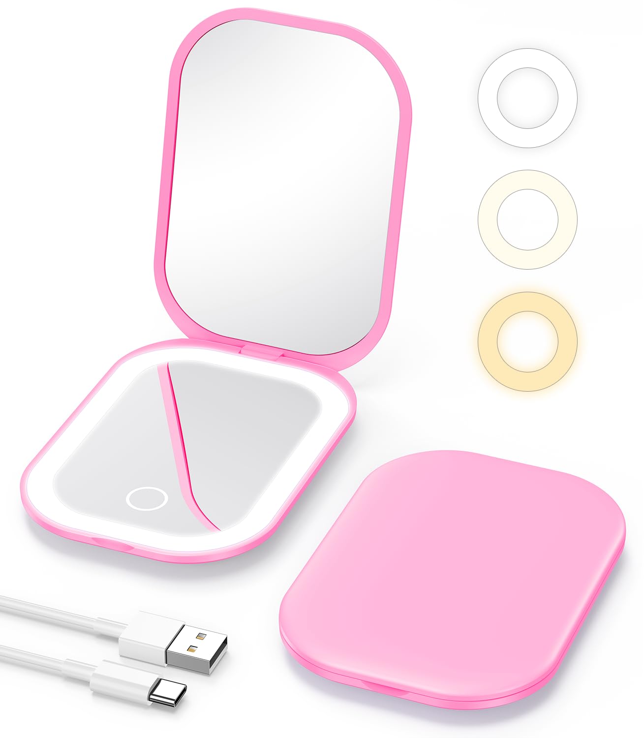 Gospire Lighted Travel Makeup Mirror with 3X Magnification and Three-color Adjustable Light, Rechargeable Small Mirror for Purse - Deep Pink