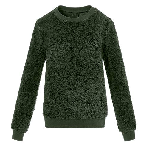 Clearance Sale! Pervobs Women Plush Sweater Imitation Lambskin Round Neck Solid Long Sleeve Sweater Pullover Blouse Top(14, ArmyGreen)