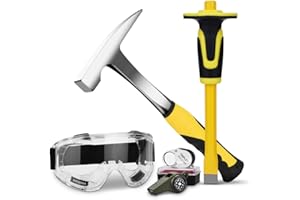 A PEERLESS SHOVEL 5 PCS Geology Rock Pick Equipment Kit,21oz Hammer & 11.8" Rock Digging Chisel with Protective Caps,Safety Glasses, Whistle, Jewelers Loupe,Gold mining and exploration equipment