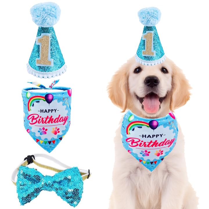 BIPY Blue Dog 1st Birthday Hat、Bandana and Bowtie for Boys Small Medium Dogs Cats happy birthday hat Doggy Party Supplies Adjustable Pet Collar Bowtie Celebration Pet Birthday Neckerchief Set