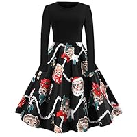 Dearpriass Ladies Christmas Slim Long Sleeve Christmas Santa Hat Cat Printed Skirt Vintage Dress Black