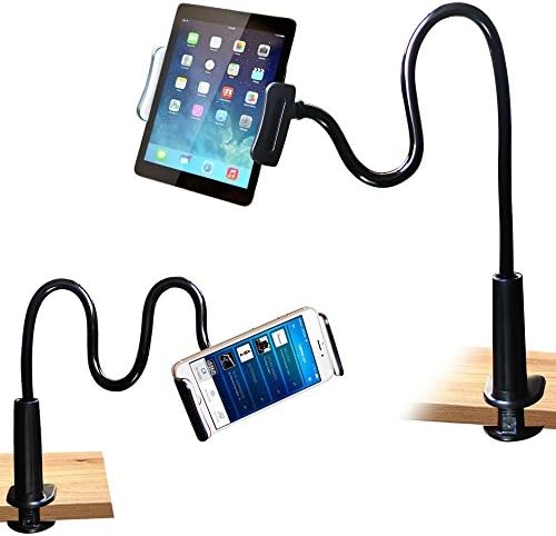 Cell Phone Stand Holder,Solid-Grip 360 Adjustable Universal Long Arm Gooseneck Smartphone Stand for Desktop Bedroom, Office, Bathroom, Kitchen – Durable,Mount w/Holder (Black)
