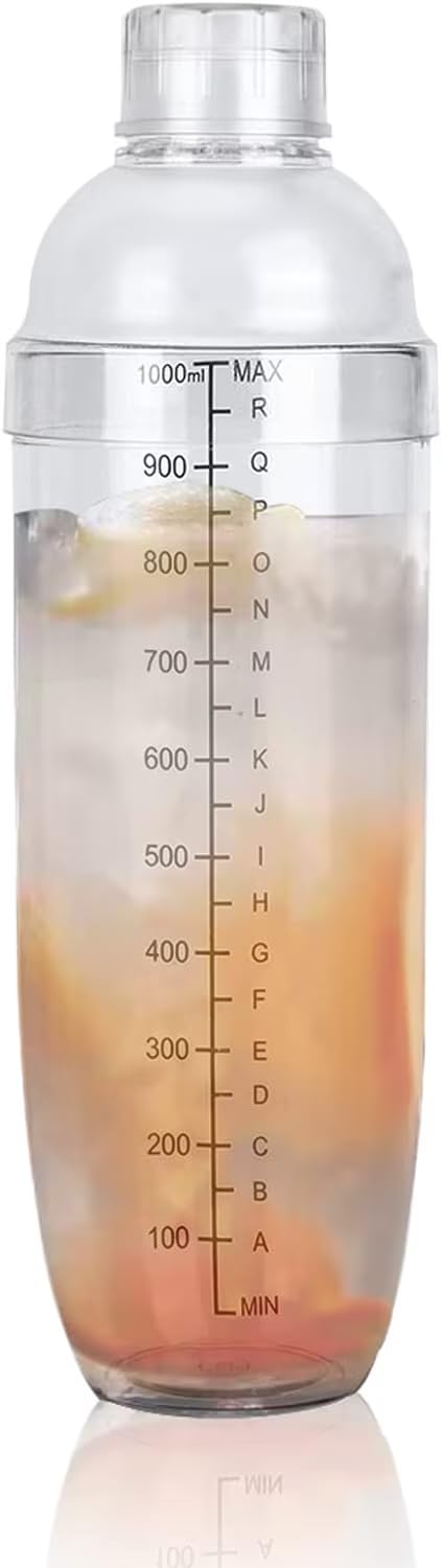 DEWIN Cocktail Shaker，Clear Resin Cocktail Shaker, Transparent Large Capacity Drink Mixer with Scale and Strainer Anti-Leakage Shaker Bottle for Home Bar Party Milk Tea Coffee Shop (1000ml)