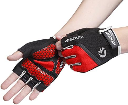 Lonfly Cycling Gloves for Women Half Finger Mountain Biking Gloves with Shock-Absorbing Breathable Sport Gloves Plus Size (Black-Red)