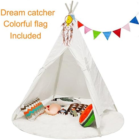 Teepee,Mland 4 poles,100% Cotton Canvas,Kid’s indoor teepee tent,Indian Play Tent for Kids with four New Zealand Pinewood Poles and Canvas Carry Bag-Class White One Window Style