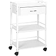 Salon Trolley Cart for Beauty SPA, Wooden Rolling Storage Station, White Mobile Utility Cabinet with 1 Drawer 2 Trays, Medical Esthetic Supply Holder for Massage Tattoo Facials