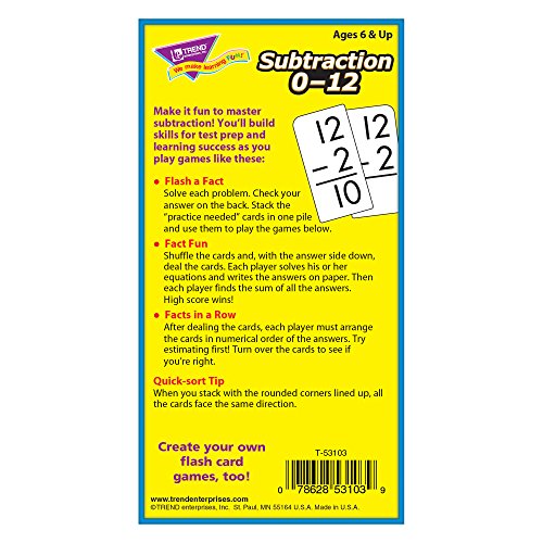Trend Enterprises Trend Math Flash Cards - Subtraction Flash Cards 0- 12 (Box of 91 Cards)