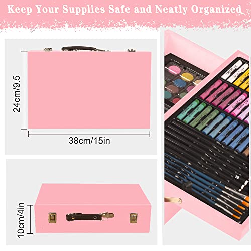 KINSPORY Art Supplies, 168-Pack Deluxe Wooden Art Set Crafts Drawing Painting Coloring Kit, Coloring Book, Sketch Pads Creative Gift Box for Adults Artist Beginners Kids Girls Boys (Pink)