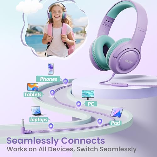 acer Kids Headphones - 85/94dB Volume Limiter, Foldable Wired Over Ear Headphones for Travel, 3.5mm Jack, Toddler Headphones for School, Travel, iPad, Tablet, Purple Green, HK03