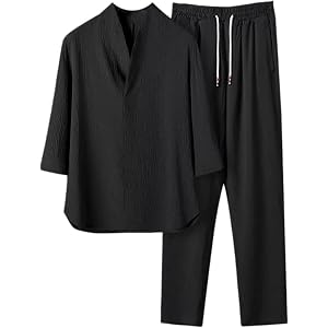 FSSNHQHCJ Spring Summer Thin Men 2-Piece Set Cooling V Neck Button Half Sleeve Tops Breathable Solid Color Pants Set