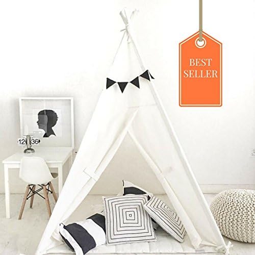 Handmade Teepee Play tent for Kids in White Twill. Comes with Padded Mat Base and Two Pillows