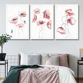 3 Panel Drawn Watercolor Poppy Flowers Artwork x 3 Panels
