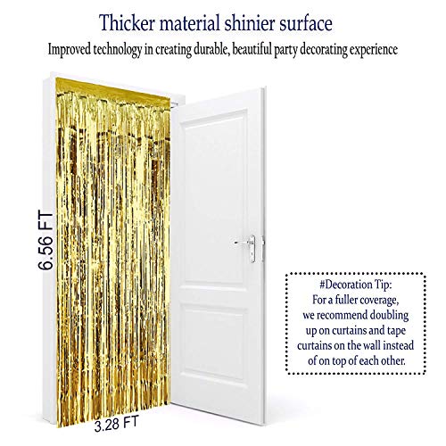 pozzolanas 4 Pack Foil Fringe Curtain Metallic Tinsel Shimmer Party Photo Backdrop Curtains for Birthday, Engagement, Baby Shower, Weddings Party and Celebrations Backdrop Decorations(Gold)