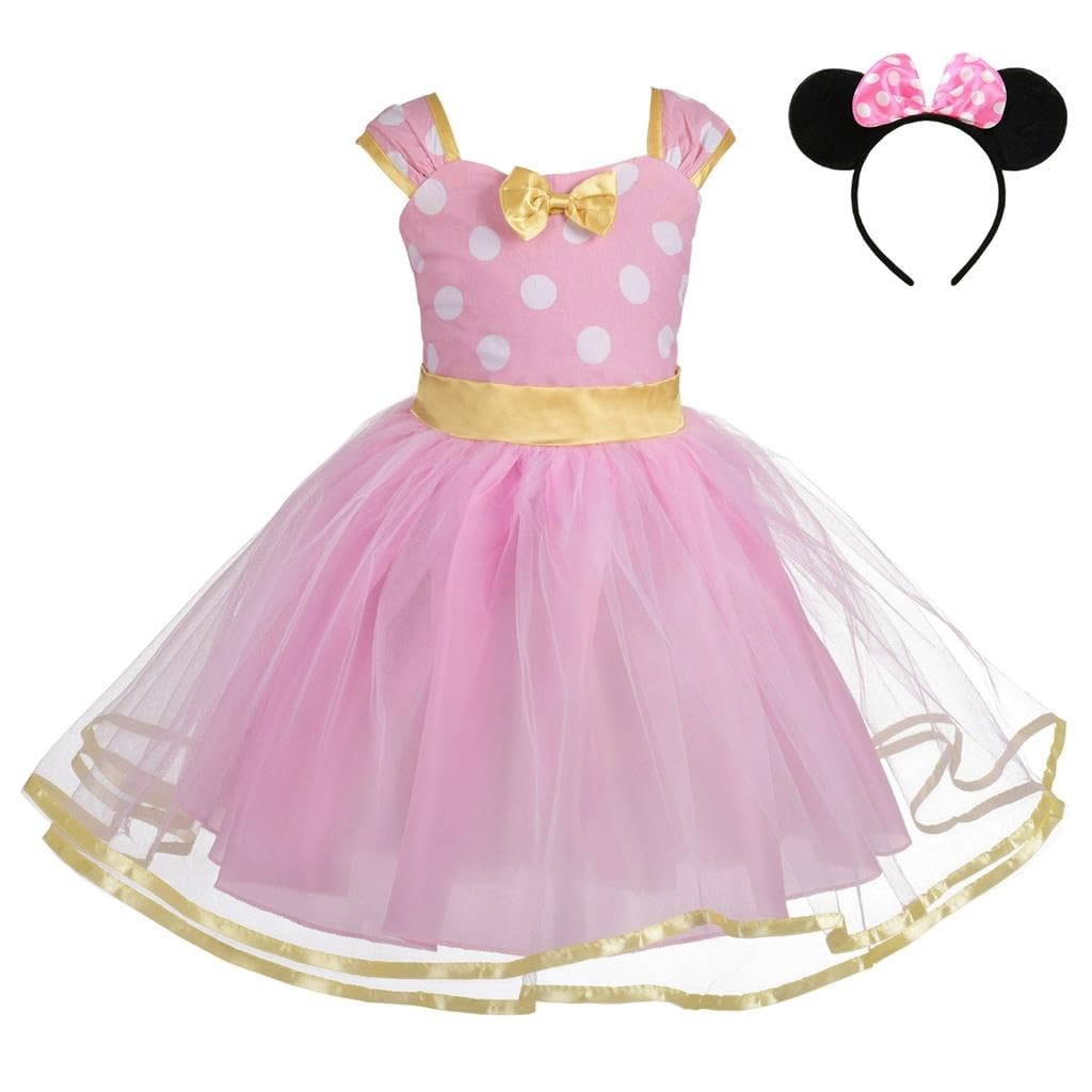 Lito Angels Princess CostumeFancy Dress Up Costume with Mouse Ears Hair Hoop for World Book Day Kids Girls, Halloween Birthday Party Mini Polka Dot Tulle Skirt, Age 6-7 Years (Tag Number 150), Pink