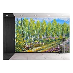 Oil Painting of Wood, Beautiful Trees and Flowers in The Forest - Removable Wall Mural | Self-Adhesive Large Wallpaper - 66x96 inches