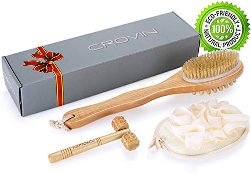 Dry Brushing Body Brush Set - Natural Bristles Shower Brush with Long Handle - Exfoliating Scrub Skin Brush - Cellulite Massager Brush Gift Set