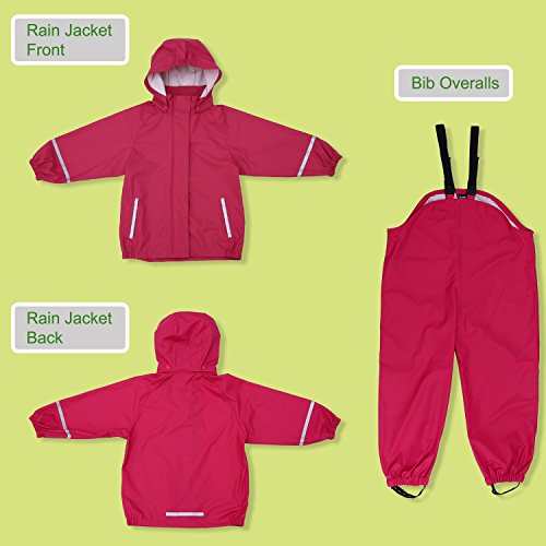 Andake Kids Rain Suit, Waterproof Rain Jacket and Bib Overall (Pink, M (6-7Y))