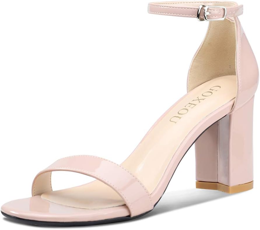 GOXEOU Women's Heeled Sandals Round Toe Chunky Heel 3.1 Inch High Heels Ankle Strap Dress Sandal Fashion Shoes