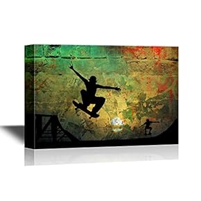 Skateboard Canvas Wall Art - Staters Playing on Rustic Grunge Background - Gallery Wrap Modern Home Art | Ready to Hang - 12x18 inches