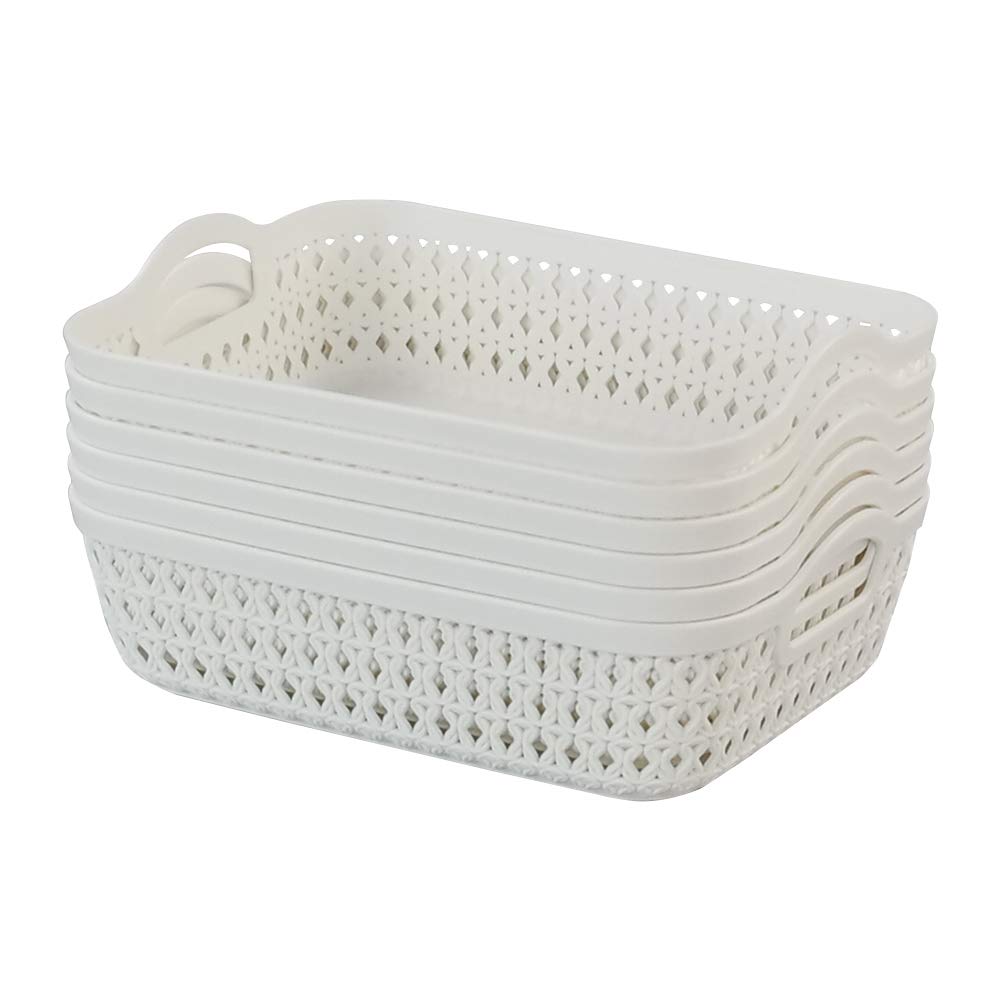 Callyne Set of 6 White Small Plastic Storage Basket Tray with Handle, Plastic Storage Baskets for Shelves