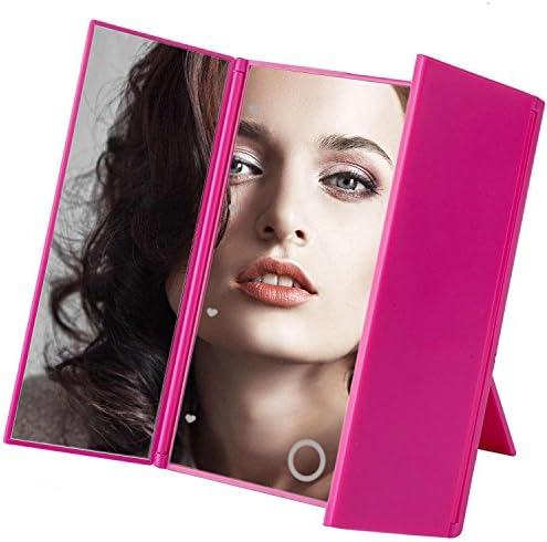 Pocket Travel Trifold Makeup Mirror 8 LED lights Touch Control Adjustable Illuminated Folding Compact 6 inches Portable Daylight Mirrors Best for Travelling Cosmetic Make-up Bathroom Shaving (Rose)