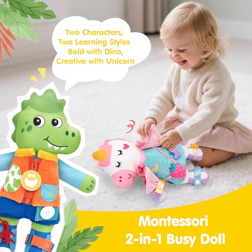 hahaland Montessori Plush Doll, 2 in 1 Dino & Unicorns Plush for Girls 1 2 3 Years Old Interactive Dress Up Toys Gift Boys Girls 2 3 4 Years Old