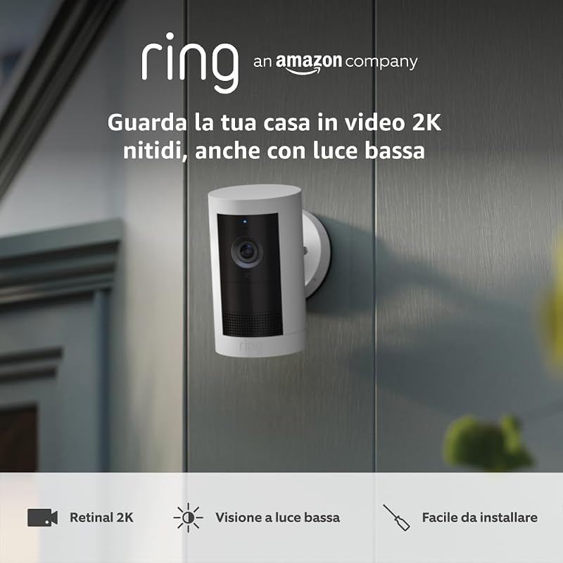 Videocamera esterna Plus a batteria (Outdoor Camera Plus Ultimo modello) Video 2K grandangolare Videocamera di sicurezza wireless fai-da-te | Prova gratuita di 30 giorni piano d'abbonamento Ring