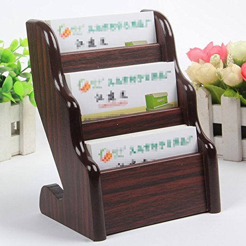 Lzttyee 3 Layer Wooden Business Card Holders Name Card Rack Stands Desktop Display Organizer (Deep Coffee)