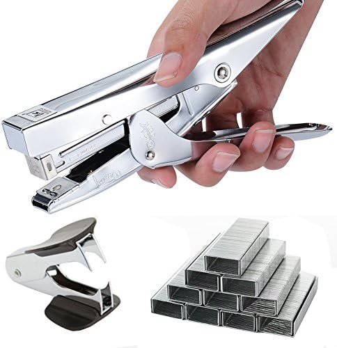 Stapler With 1000 Staples and Staple Remover ， Desktop Stationery One Touch Stapler (Silver)