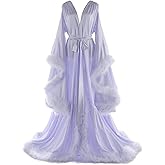 Daily Life Mall Women's Feather Bridal Robes Old Hollywood Maternity Photoshoot Nightgown Silk Bathrobe Long Lingerie