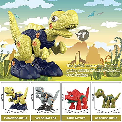 WANFEI Dinosaur Toys, 4 Pack of Take Apart Dinosaurs Construction Building Toy Set with Electric & Hand Drill for Kids 3 4 5 6 7 8 , STEM Kids Toys for Toddlers Boys Girls Birthday Gifts