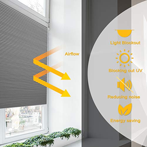 Allesin Cellular Honeycomb Blinds White Dark Gray Blackout 46" W x 48" H Single Cell Pleated Shade Cordless Easy Lift Room Darkening Inside & Outside Mount for Windows