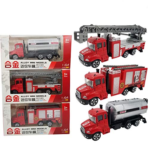 Tonmp 3 PCS Large Metal Playset Toy Vehicle Models,1:64 Scale DIE-CAST Metal Fire Truck Toy Emergency Vehicles for Kids- Ladder Truck,Fire Fighting Vehicle and Fire Tank car