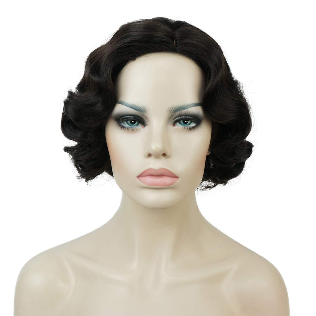 Lydell Vintage Cosplay Party Wig Short Finger Wavy Flapper Hairpiece +Free Wig Cap Dark Brown
