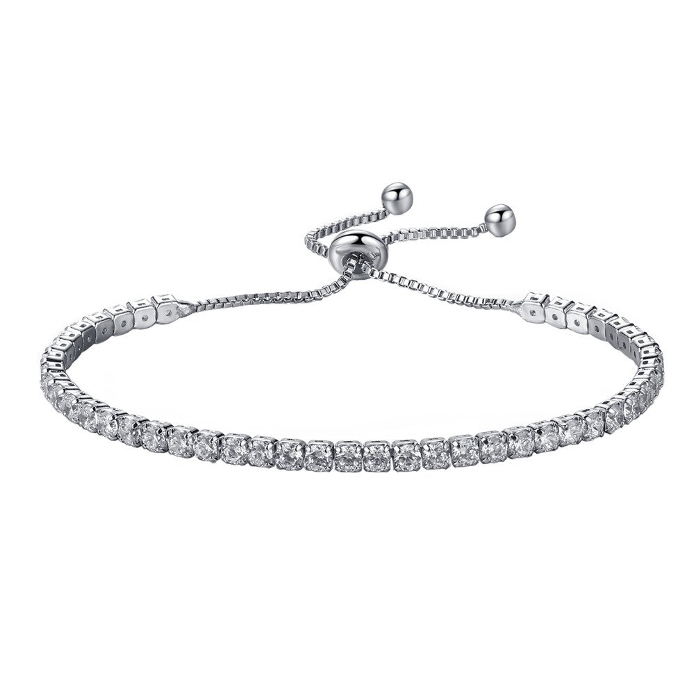 PAURO Women's Platinum Plated Simple Style Tennis Chain Bracelet with Cubic Zirconia, White