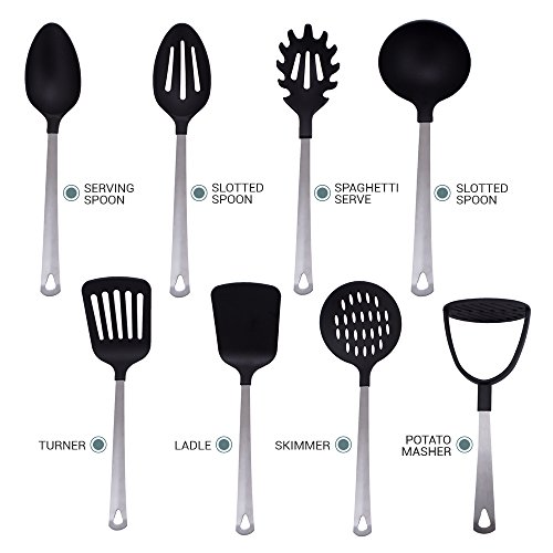 Kitchen Utensil Set 8 Pc by PureLife - Stainless Steel Cooking Set W/Nylon Heat Resistant | Include Spaghetti Server, Potato Masher, Serving Spoon, Turner, Ladle, Skimmer, Spatula & Slotted Spoon