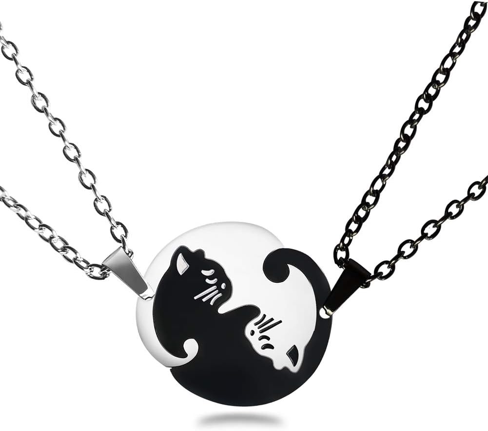 YangLing 2PCS Split Puzzle Yin Yang Cat Pendant, Black and White, Size Small